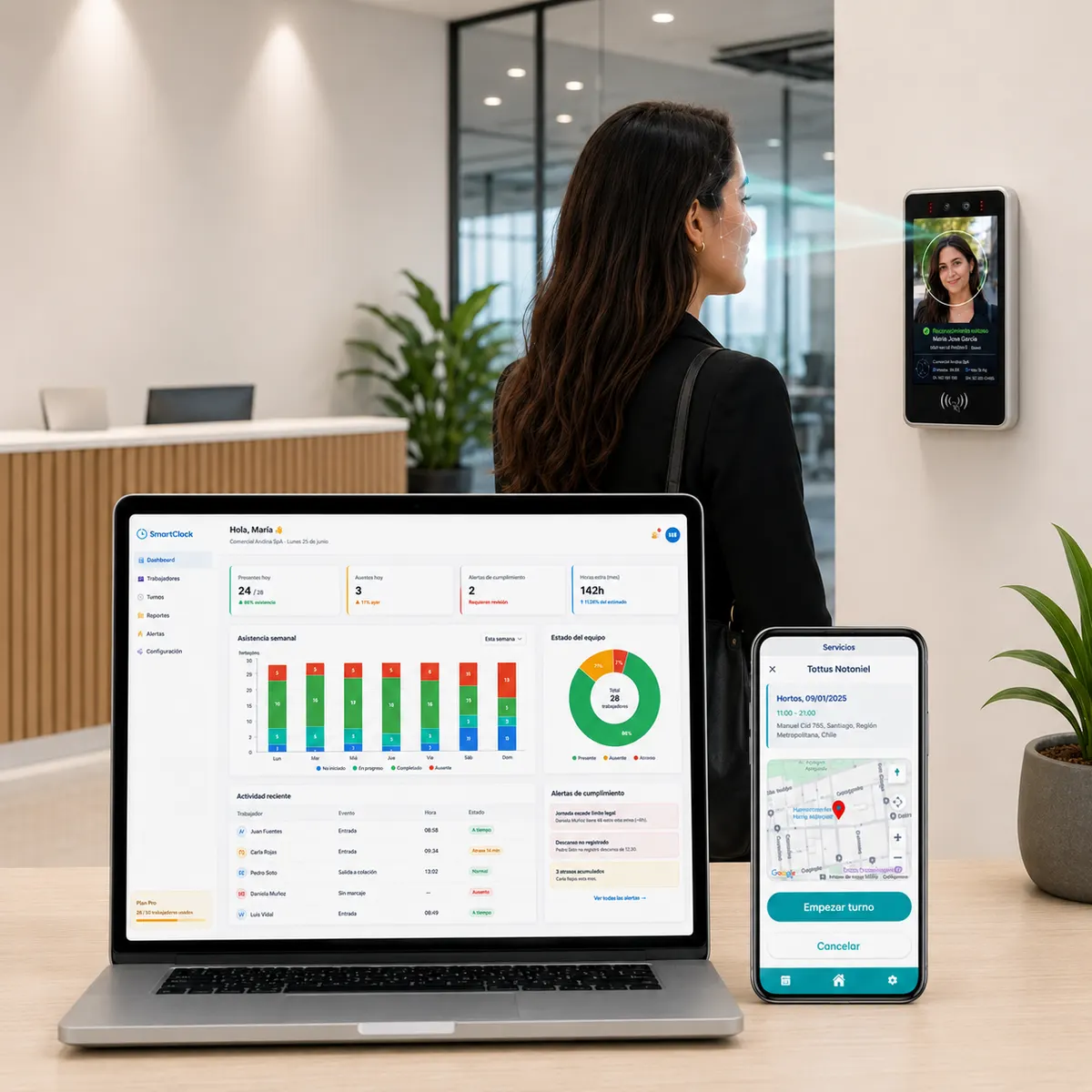 SmartClock en oficina con dashboard, app móvil y reloj biométrico